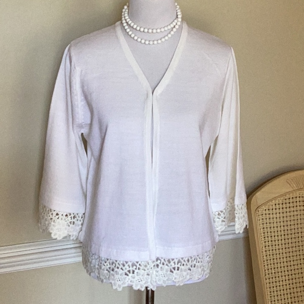 Salon Studio white open front sweater w/ wide crochet trim on bottom and…
